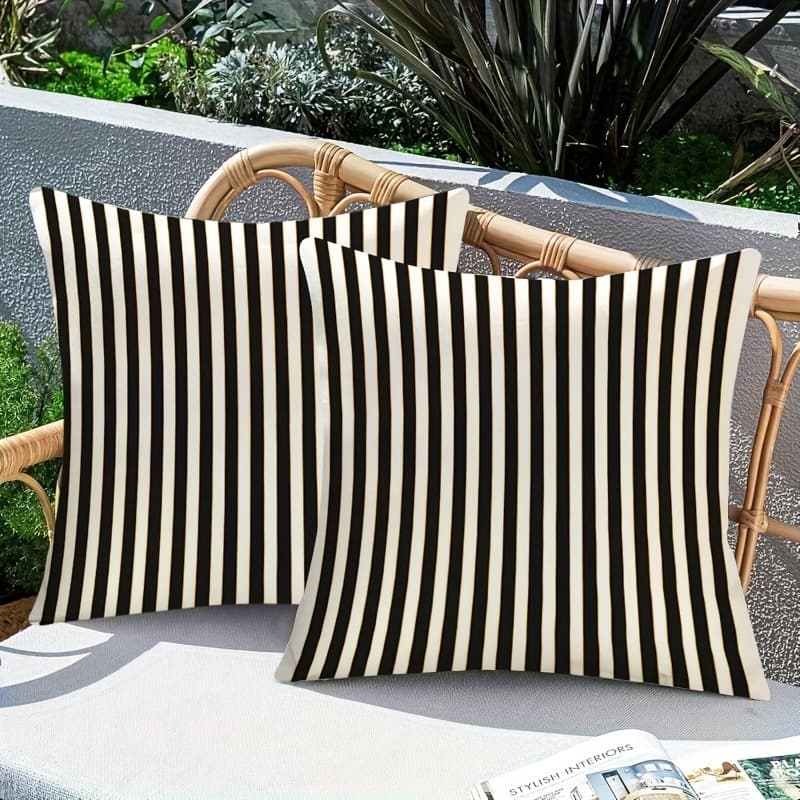 TEMU Set Of 2 Contemporary Black And White Striped Covers For Outdoor Use - Featuring A , Zipper Closure, Made From 100% Polyester, Machine Washable, Ideal For Garden Furniture,