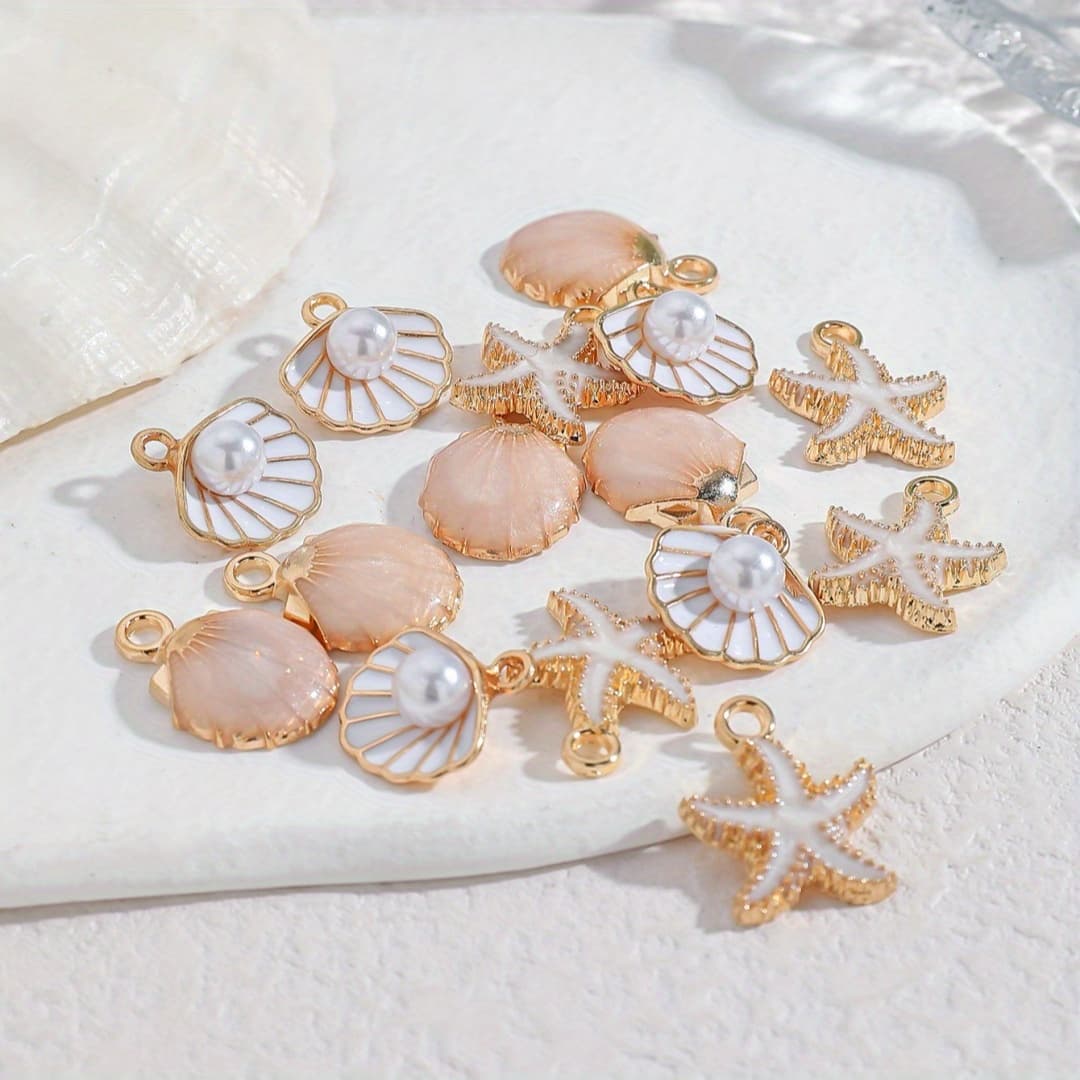 TEMU 15pcs Ocean-themed Fashion Drip Oil Scallop And Starfish Diy Bracelet, Anklet, Necklace Pendant Jewelry Accessories Set