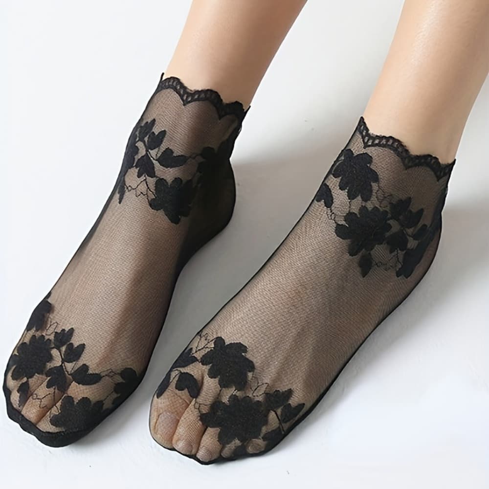 TEMU 3 Pairs Women's Lace Ankle Socks, Transparent Base, & Blend, Hand Wash Or , Solid Color, Fabric, Ladies Fashion Additions