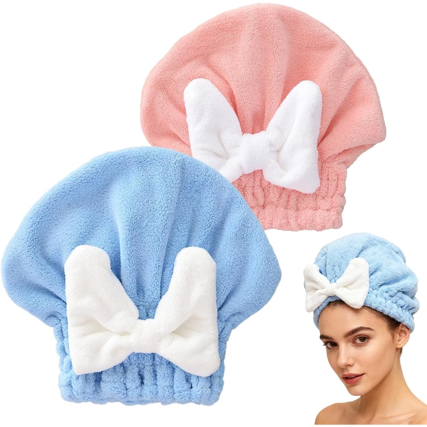 TEMU 2pcs Women' Ultra-absorbent Quick-dry Hair Towels & Turban With Soft Bow Tie - Microfiber Post-swim, Shower & For All Hair Types - Quick-dry Wet Hair Wrap For Curly/wet Hair Care