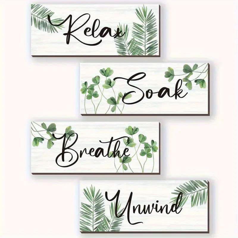 TEMU 4pcs Vintage Green Leaves Wooden Wall Art - Relax, , Breathe, - 10x4 Inch Bedroom And Bathroom Decor Signs, With Adhesive Tape, No Battery Needed, Suitable For Any Holiday, Bathroom Decor