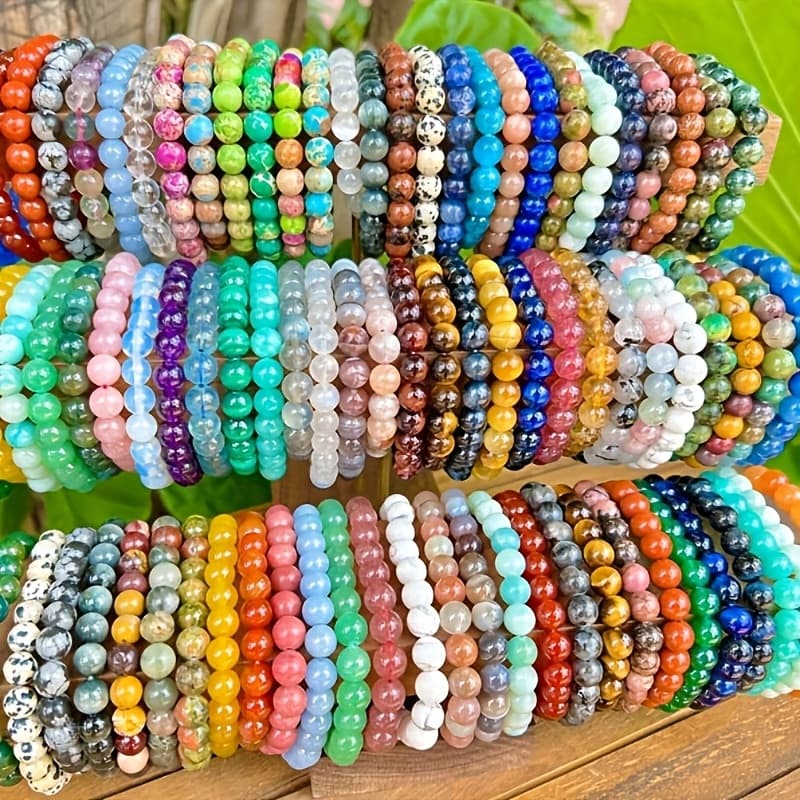 TEMU 70pcs Random Bohemian-style Glass Bead Bracelet - Multicolored 8mm Round Beads On Elastic Cord, Unisex Design, Birthday/holiday Suitable Accessory For All