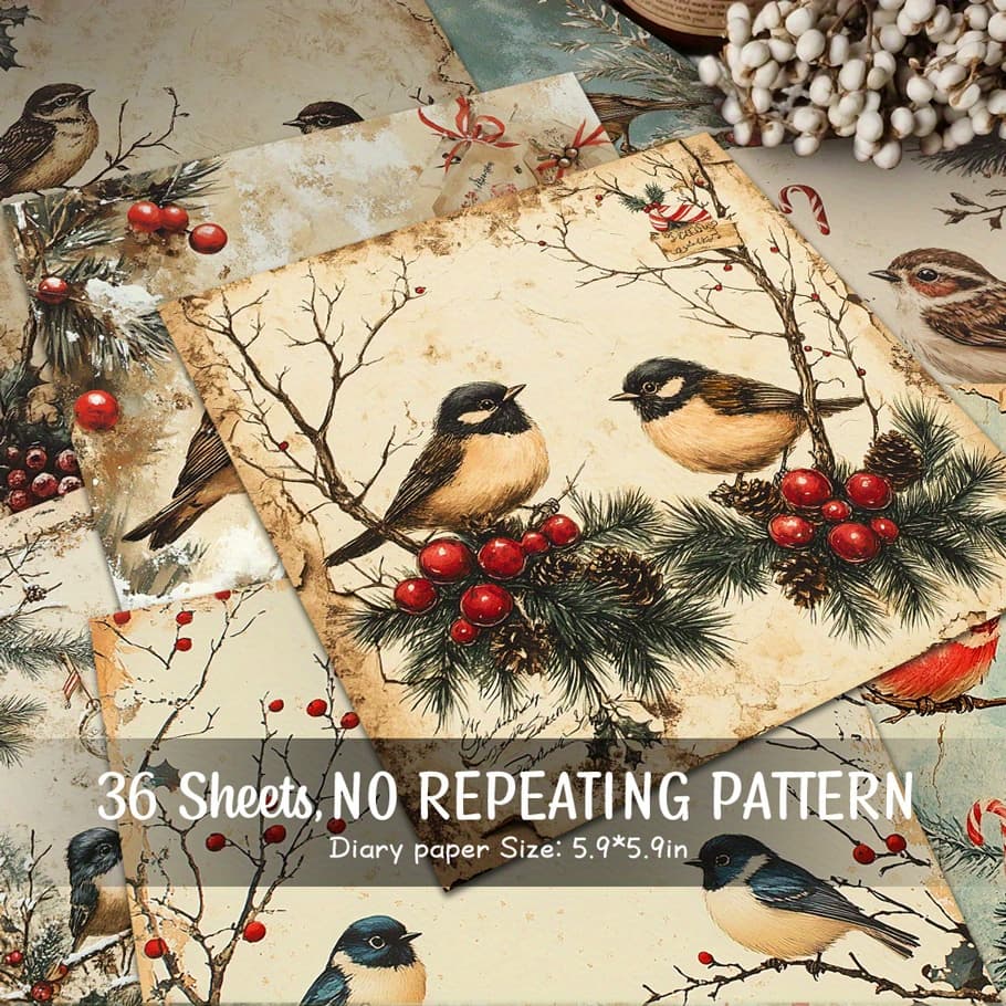 TEMU 36 Sheets Of Vintage Christmas Paper Bird Pattern Paper, Decorative Paper Suitable For Handmade Background Decoration Grunge Diary And