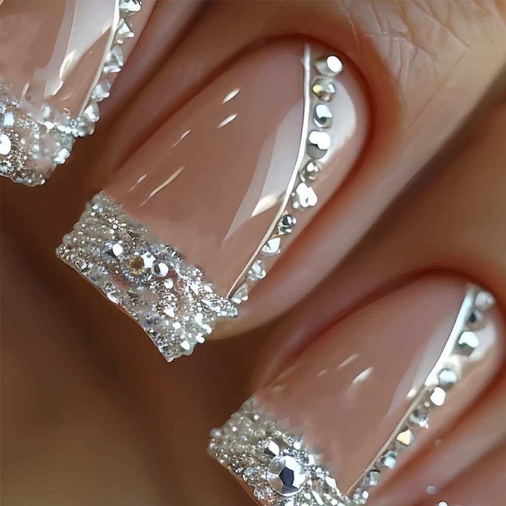 TEMU 24pcs Chinese Jia Gentle, Lovely, , Nude Color, Solid Color, White French Style Lines, Silvery Glitter, Silvery Diamonds, Glossy Wearable Nails, Elegant, Advanced, Hot Nude Color