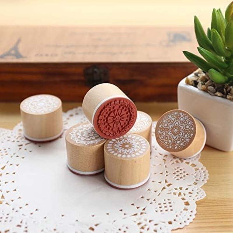 TEMU 6pcs Wooden Stamps Floral Pattern Stamp Round And Square Lace Wooden Rubber Stamp For Scrapbooking And Craft Card