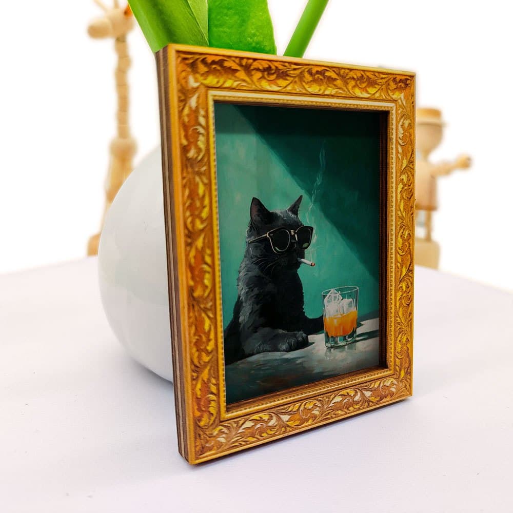 TEMU A Fridge Magnet, A Mini Wooden Art Piece, A Framed Wooden Picture Of A Black Cat Wearing Glasses, A Drink, Decor, Fun (back Is Fully Magnetic)