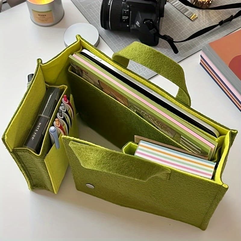 TEMU Lady' Bag | Green Felt - Foldable Backpack, Travel Briefcase, Felt Material Briefcase With Buttons, Office Supplies Storage Bag | Multi-functional Handbag | Felt Material Bag