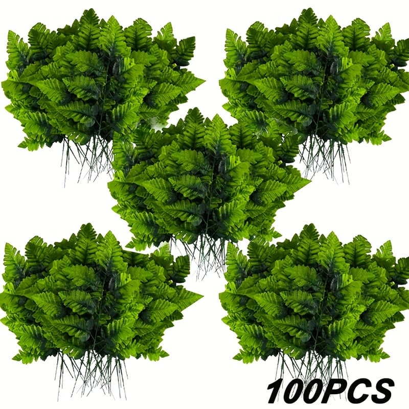 TEMU 100pcs Of Outdoor Artificial Fern Leaves, Uv Resistant Persian Grass, Realistic Greenery For Home Tables, Weddings, Thanksgiving, Christmas, And Halloween Decorations