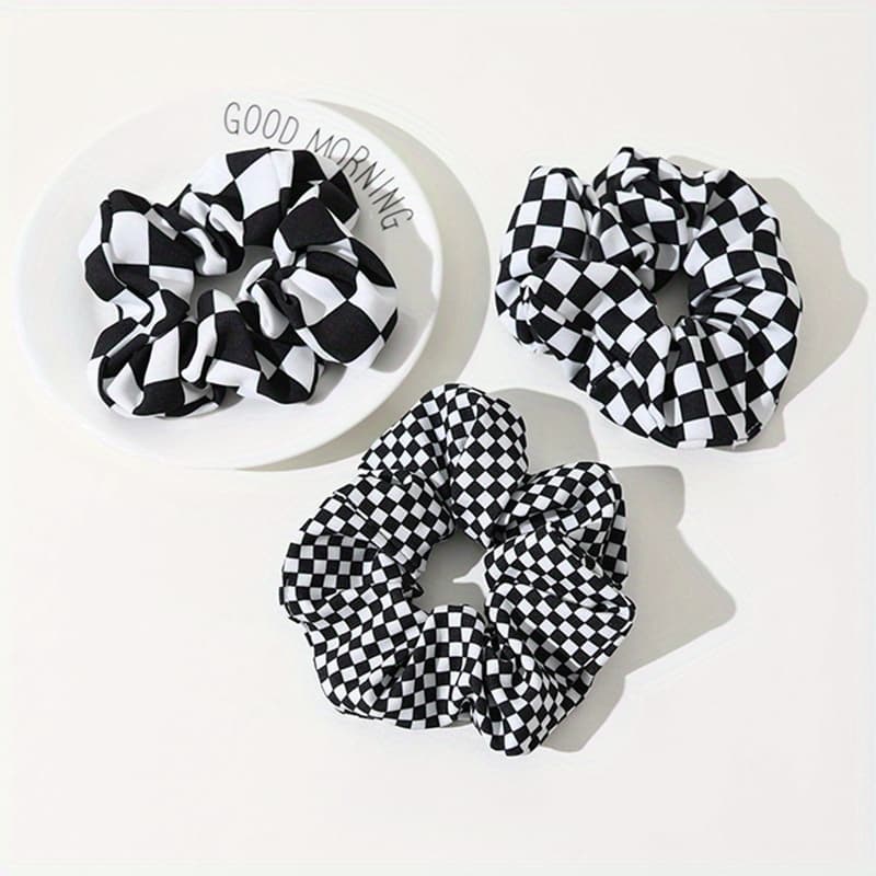 TEMU 3pcs Hair Accessory Large Ring Hair Rope Women's Modern Checkerboard Black And White Checkered Large Hair Ring