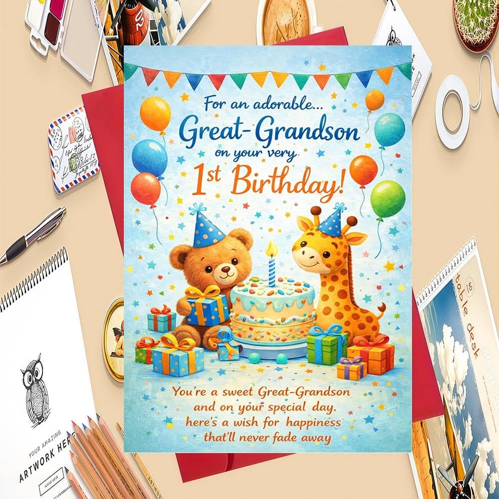 TEMU 1pc 1st Birthday Card Suitable For Great Grandparents To Grandson - Adorable Great Grandson Greeting Card With Envelope, For First Birthday, Gift From Great Grandma & Grandpa