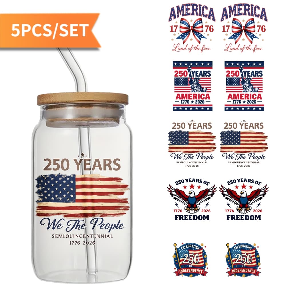 TEMU Uv Dtf Transfer Stickers For Cup Wraps And Decals, Featuring Transfer Paper Suitable For 16oz Glasses, Showcasing The Flag And The '' To 250 Years Of . Ideal For Glass Cups, Mugs, And