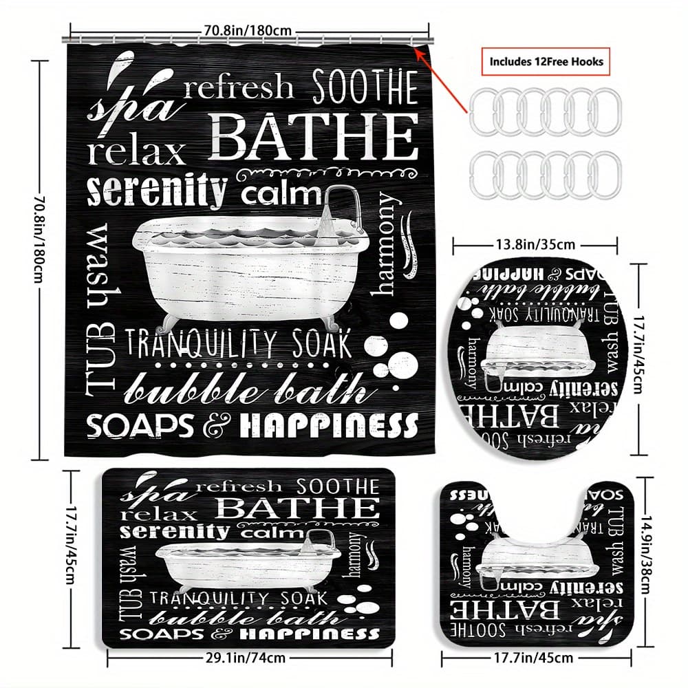 TEMU 4pcs Bathtub Curtain Decoration, Beautiful Housewarming Gift, Decoration, Shower Curtain And Toilet Floor Mat 3 Piece Set With 12 Shower Curtain Hooks