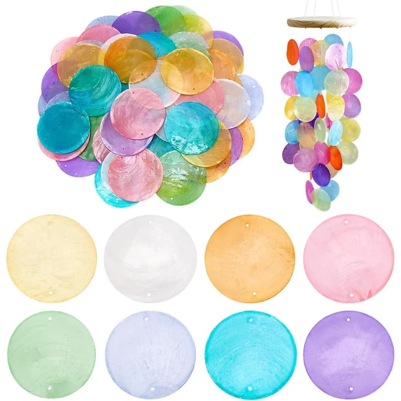 TEMU 2 Inch Round Shells Pieces, 80pcs 8 Colors Round Capiz Shell Discs Sea Shells Coin Bead Connector With 1.5mm Double Hole For Wind Chimes Curtain Lamp Shade Craft Jewelry Making