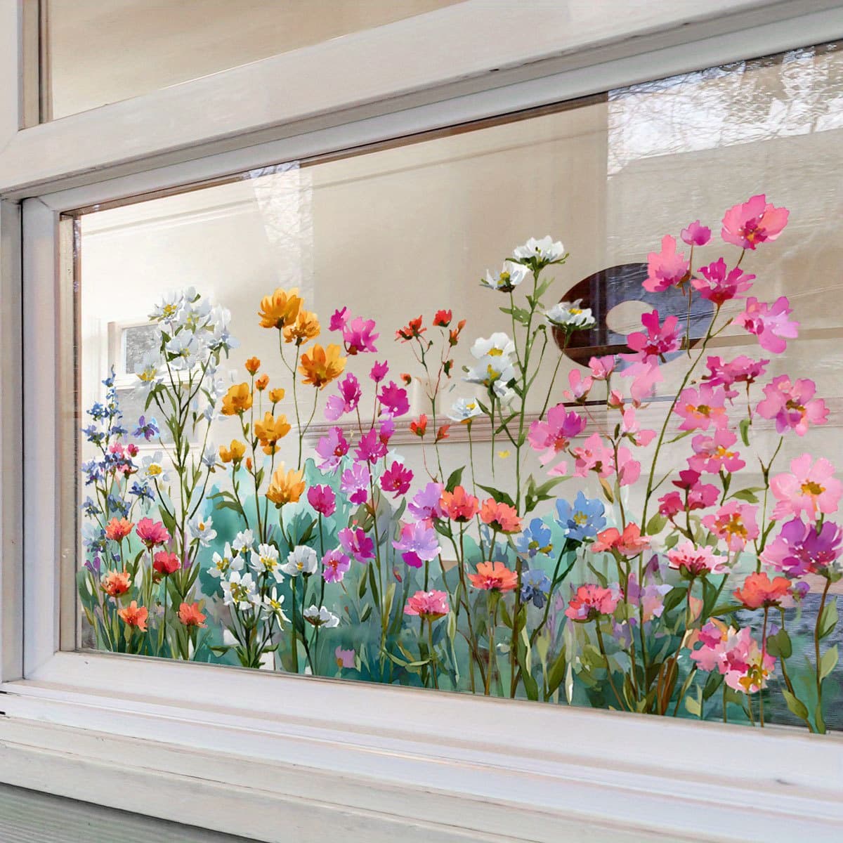 TEMU Colorful Floral And Green Leaf Window Stickers, Electrostatic Stickers, Bedroom, Living Room, Home Display Window And Wall Decoration And Stickers