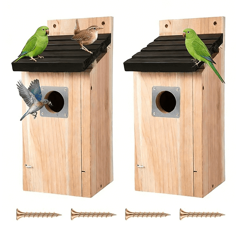 TEMU A 2pcs Outdoor Wooden Birdhouse Made Of Pine, Featuring A Metal Protective Cover And A Secure Locking Door, Includes An Entrance Hole And Feeding Trough, Suitable For , , , And