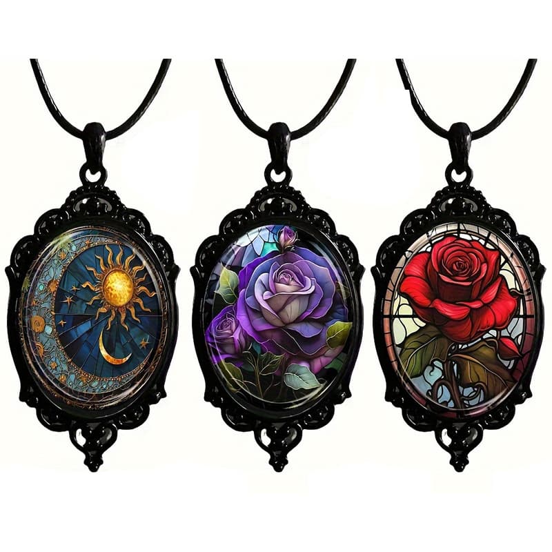 TEMU 3pcs/set Elegant Oval Glass Sun Pendant Necklace With Red Rose Pattern And Black Frame, Retro Romantic Jewelry Gift Valentine's Day Anniversary Gift Jewelry Gifts