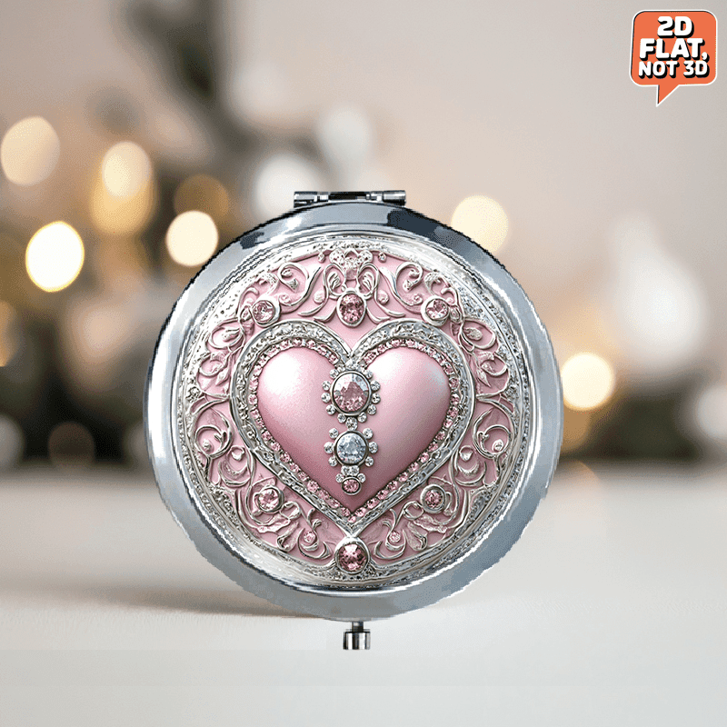 TEMU A Single Piece Of A Two-dimensional, Portable, Foldable Round Makeup Mirror With A Pink And Silvery Heart Motif, With Glittering Gems, Ideal For -ups During Such As Weddings, Graduations