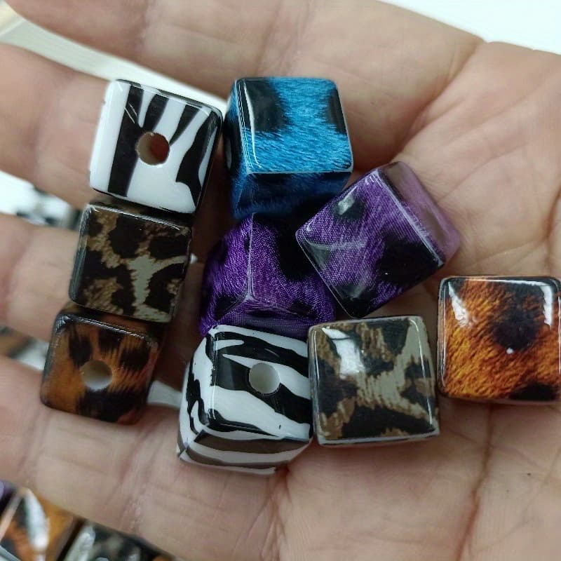 TEMU 20pcs Color Printed Zebra Pattern Leopard Pattern Square Beads Diy Handmade Beads Loose Beads Pen Chain Phone Chain Jewelry Accessories