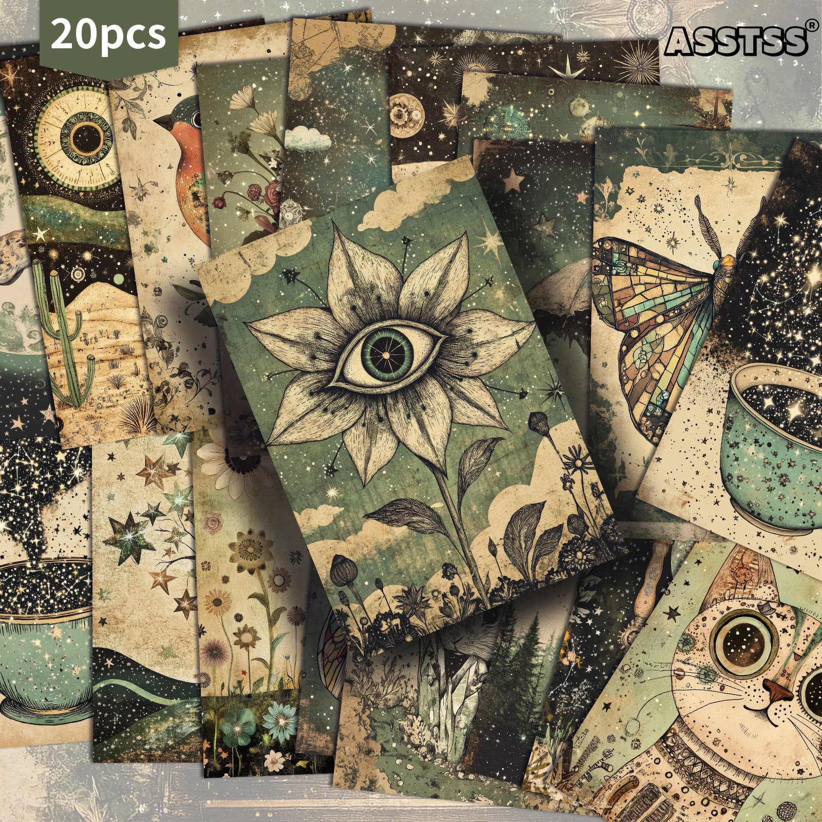 TEMU 20-pack Asstss Retro Fantasy Starry Night Gift Card | 4x6 Inches Retro Junk Journal Paper With Classic Pinup Illustrations, Collectible Decorative Painting Cards For Scrapbooking & Crafting