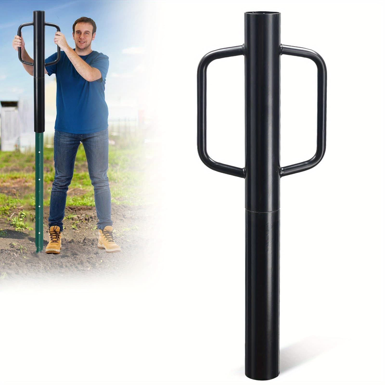 TEMU Fence Post Driver, 17-32 Inch Post Driver With Handle, 2.7 Inch Inner Diameter Hand Post , 12-19lb Heavy Duty Black T Post Pole Hand Post Rammer Fence Post Wooden Post