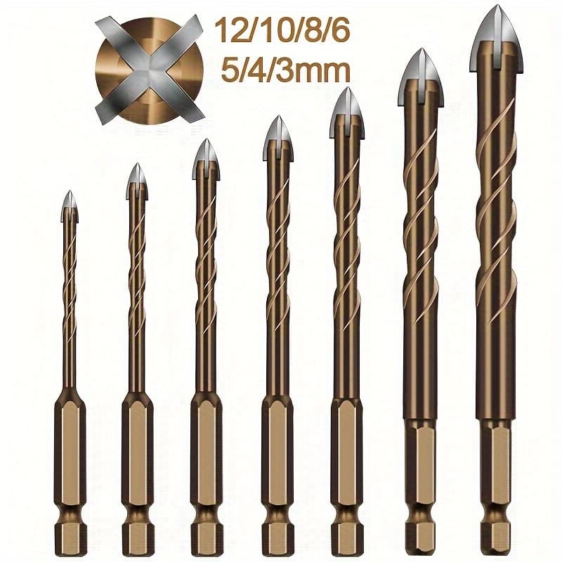 TEMU This Is A Multifunctional Drill Bit Set Consisting Of 7pcs, Designed With Sharp Triangular Steel For High Durability, Ideal For Drilling Into Materials Like Tiles, Glass, Concrete