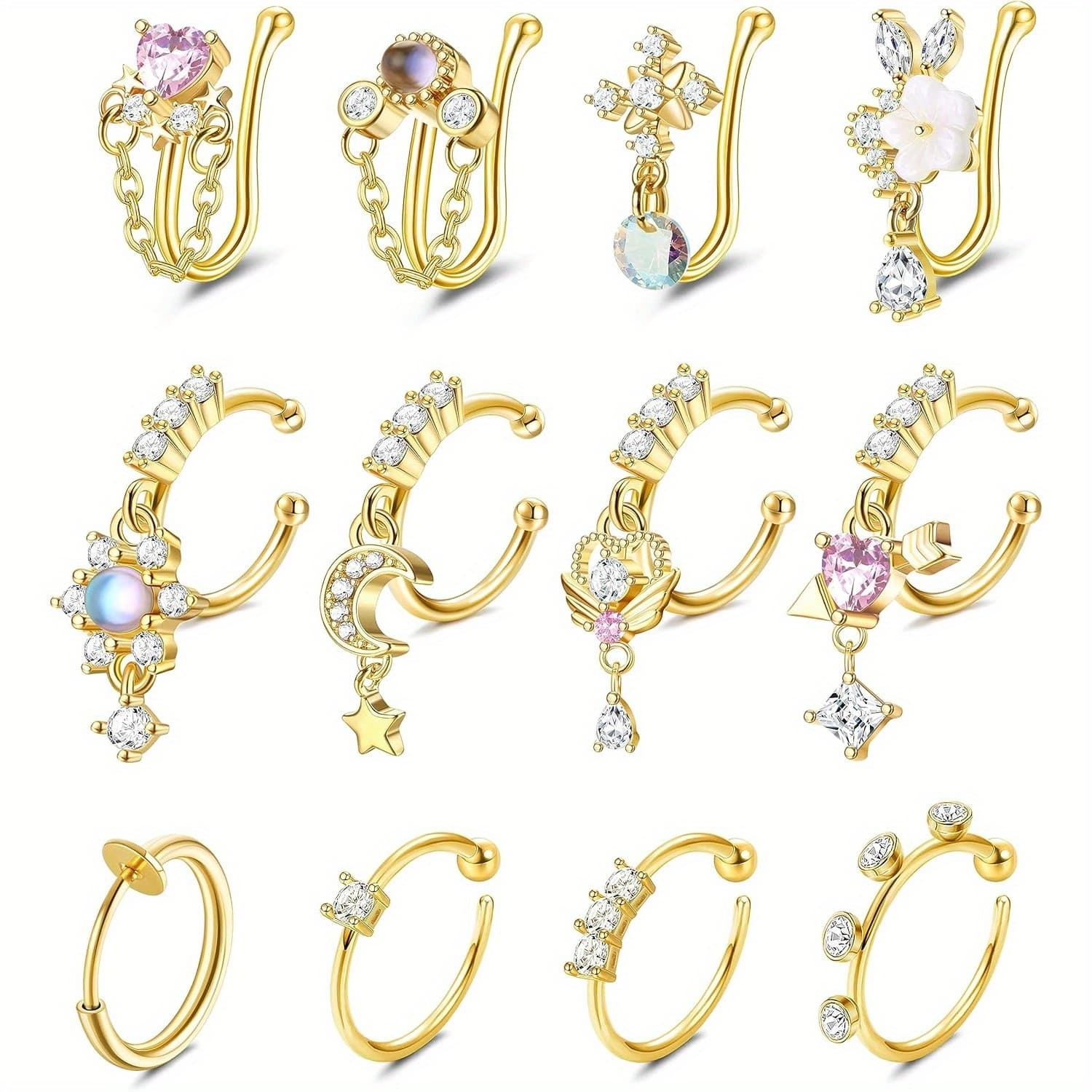 TEMU 12pcs Fake Nose Ring Hoop For Women Men Cz Dangle Fake Nose Ring Clip On Nose Ring Cartilage Tragus Ring Nose Cuff Non Piercing Jewelry Golden