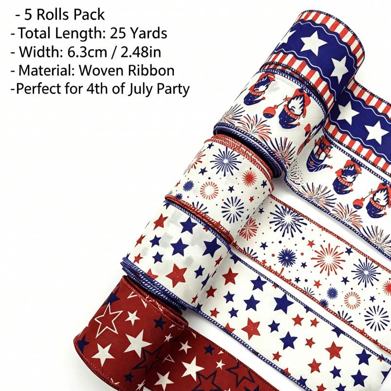 TEMU 25y Fireworks Wired Ribbon Set, 5 Rolls Red White Gnome Woven Ribbon, Patriotic Decorations For Day Party Diy Crafts