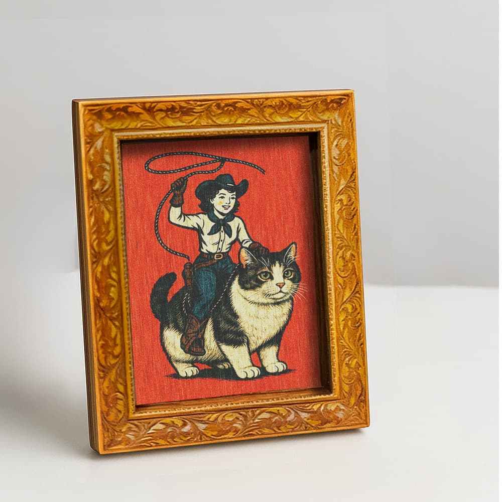 TEMU A Cowboy And A Chubby Cat Fridge Magnet, A Mini Wooden Decorative Painting, Vintage Style Wooden Fridge Magnet, Featuring A Plump , Home Kitchen Decor, Fun Gift, (back Is Fully Magnetic)