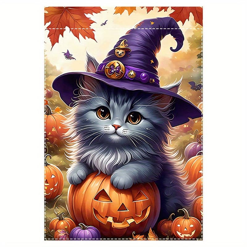 TEMU A Reversible Halloween Cat Garden Flag Made From Sturdy Synthetic Material, Resistant To And Rain, Featuring A Kitten, Pumpkin, And Witch Hat Design. Machine Washable And Measures 12x18 Inches