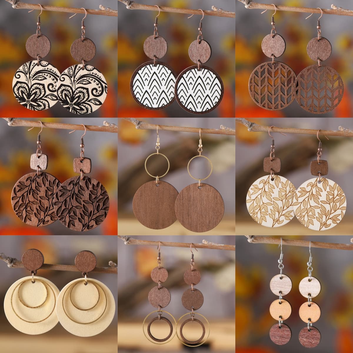 TEMU 9 Pairs, Vintage Bohemian Earring Set, Retro Boho Circles Geometric Round Wooden Double-sided Dangle Earrings, Chic Minimalist Fall & Winter Style Accessories, Ideal Gift