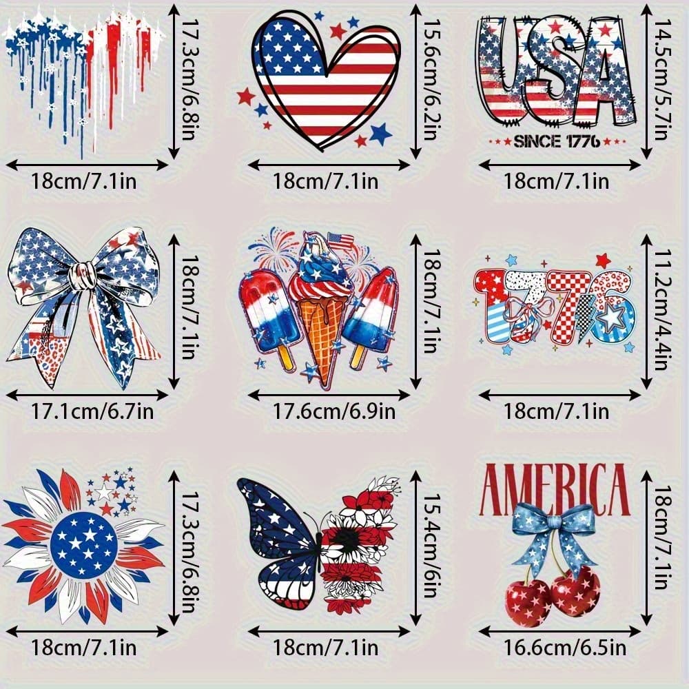 TEMU 9pcs Patriotic Stickers- Heat Transfer Vinyl Stickers With American Flags, Fireworks, Ice Cream, Sunflowers, Stars- Red, White, And Blue Crafts, Suitable For T-shirts, Clothing, Party Decorations