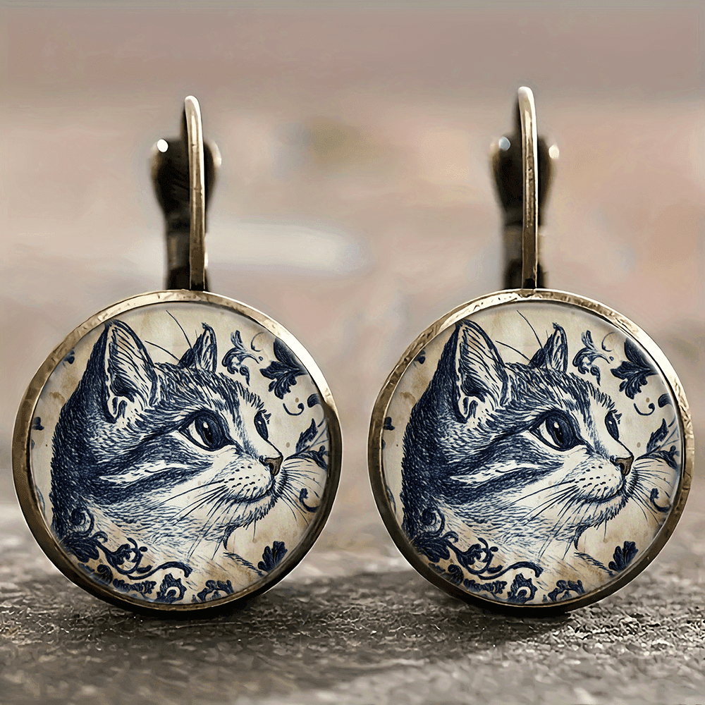 TEMU Retro Cat Pattern Round Pendant Earrings, , Everyday , Creative Gifts, Fashion Accessories, Delicate Earrings, Cute Fashion Accessories, Fun Lightweight Earrings