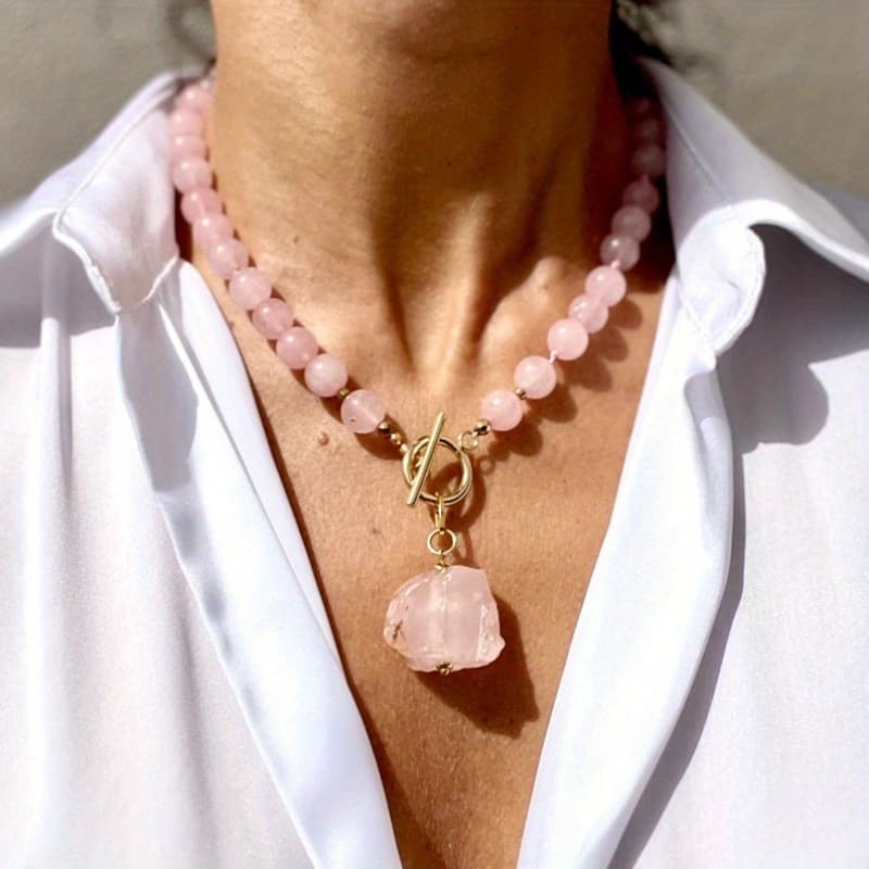 TEMU Simple Elegant Handmade Rose Quartz Beaded Necklace With Native Rose Quartz Pendant Jewelry