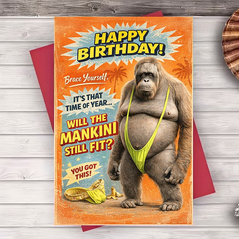 TEMU 2pcs( 1 Envelope And 1 Greeting Card) Funny Birthday Card For Adults With Humorous Gorilla And Mankini Joke Perfect For Birthday Celebrations And Gift ( Envelope Card)