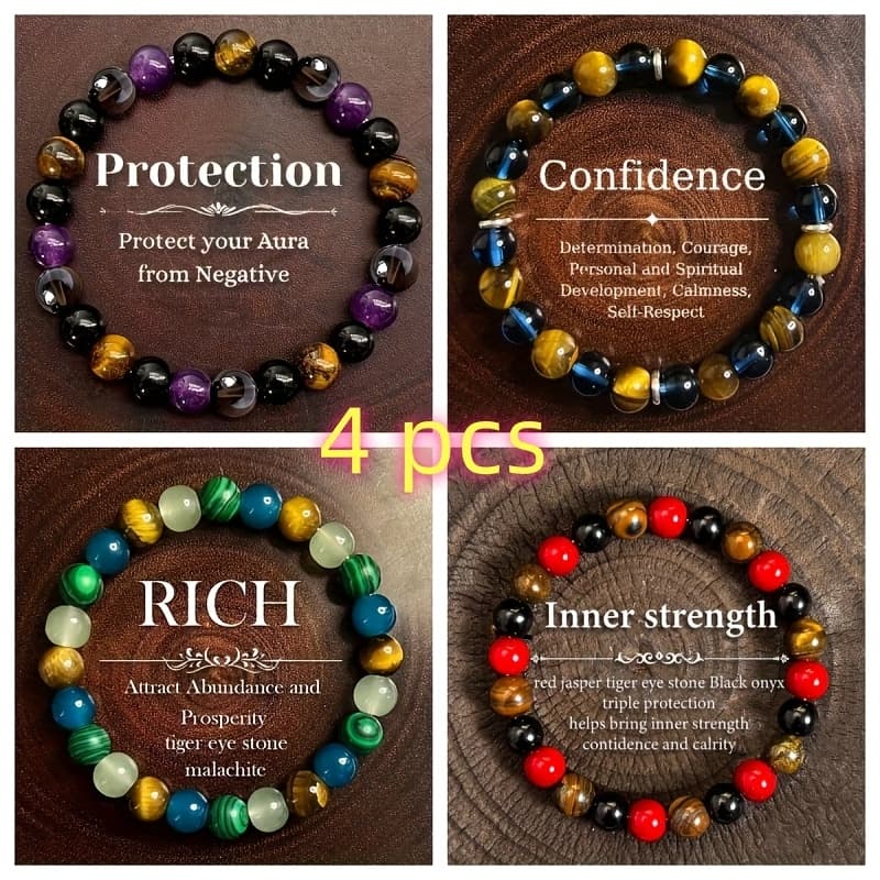 TEMU Four-piece Natural Stone Bracelet Set, Unisex, Attracts Wealth And Good Luck