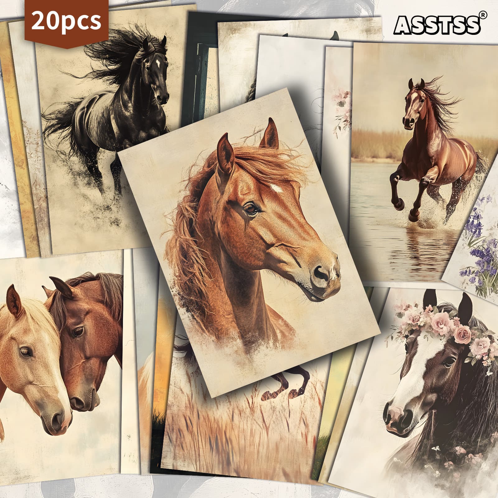 TEMU 20-pack Asstss Horse Portrait Gift Cards | 4x6 Inches Retro Junk Journal Paper, Classic Pinup Illustrations, Collectible Decorative Painting Cards For Scrapbooking & Crafting