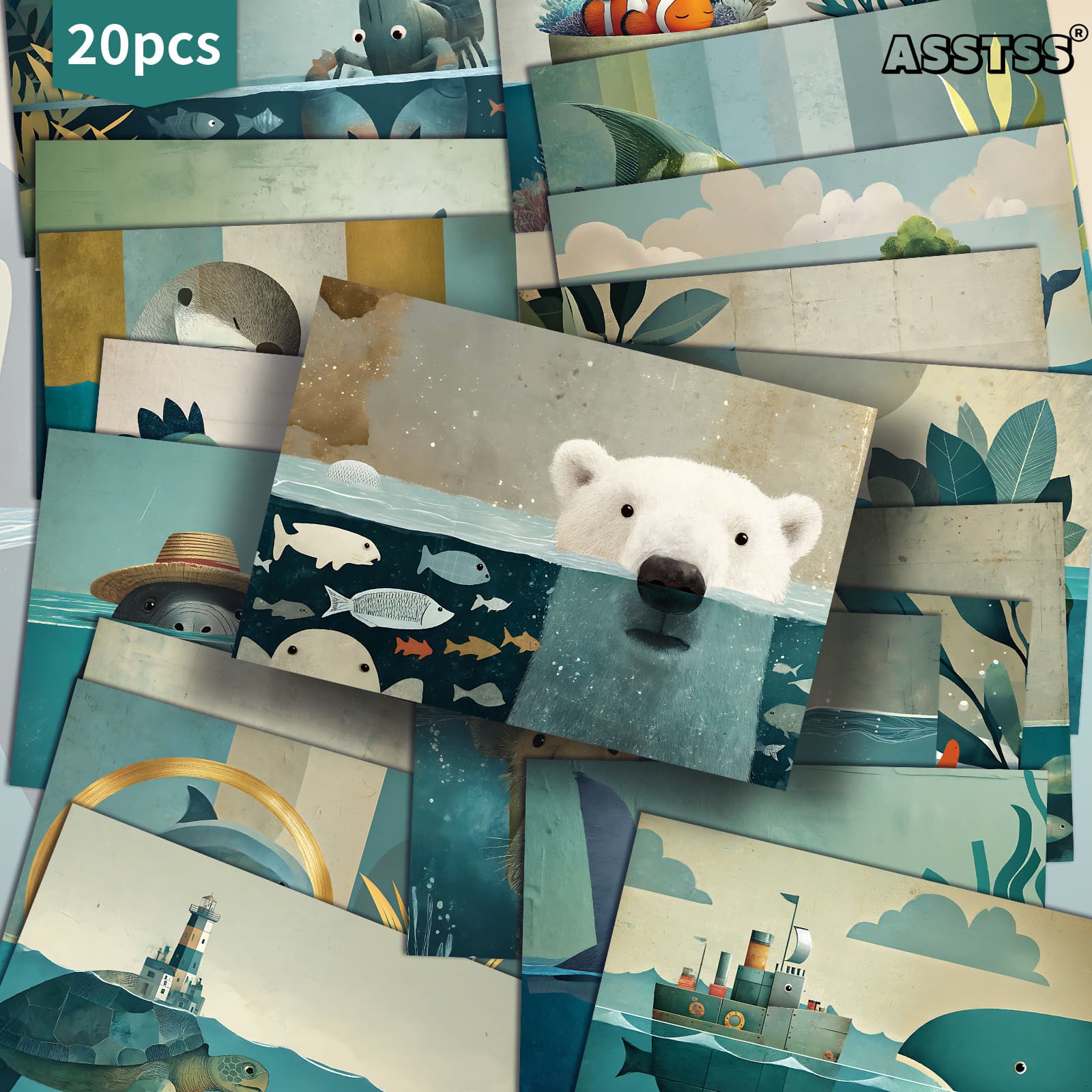 TEMU 20-pack Asstss Vintage Underwater Sea Postcards 4x9 Inches Retro Junk Journal Supplies, Classic Pinup Illustrations Collectible Decorative Painting Cards For Scrapbooking & Crafting