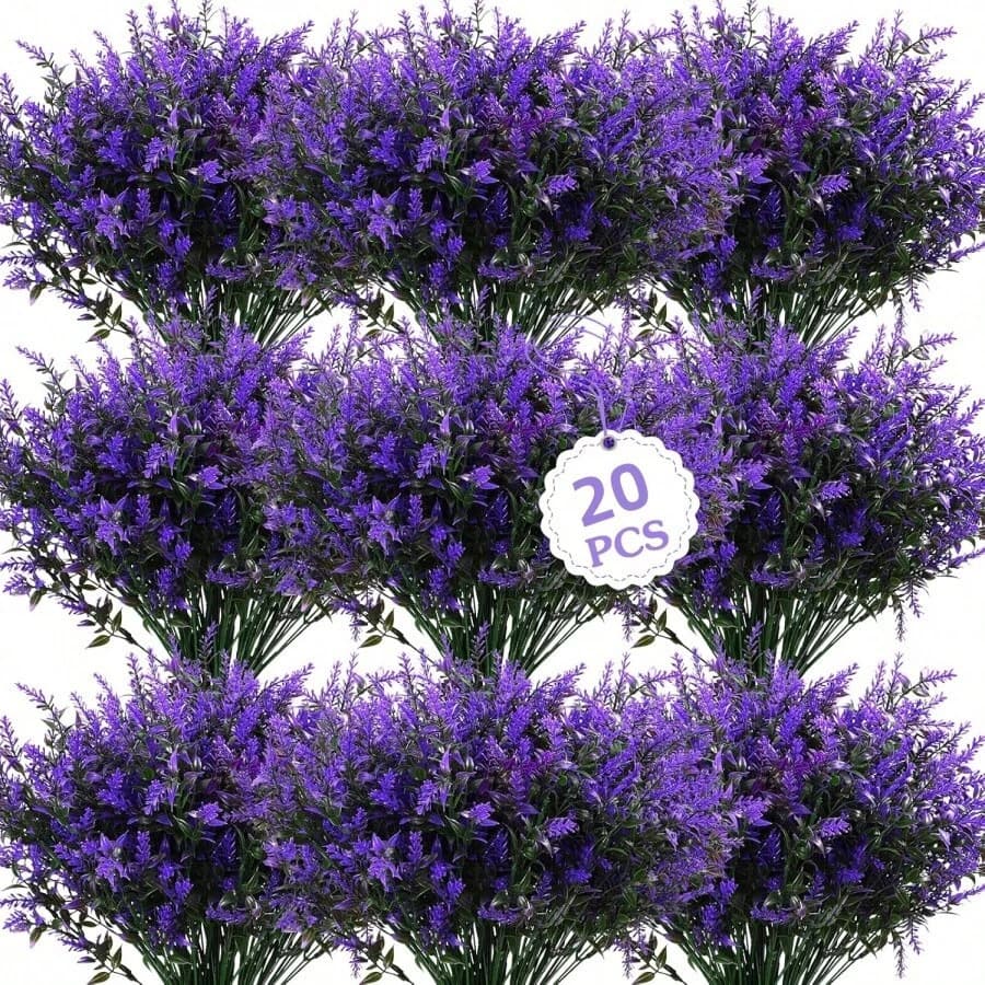 TEMU 20 Bundles Artificial Lavender Flowers False Outdoor Flowers Plastic Artificial Plants Fake Shrubs Bouquet Greenery Bushes For Outdoor Garden Home(purple)