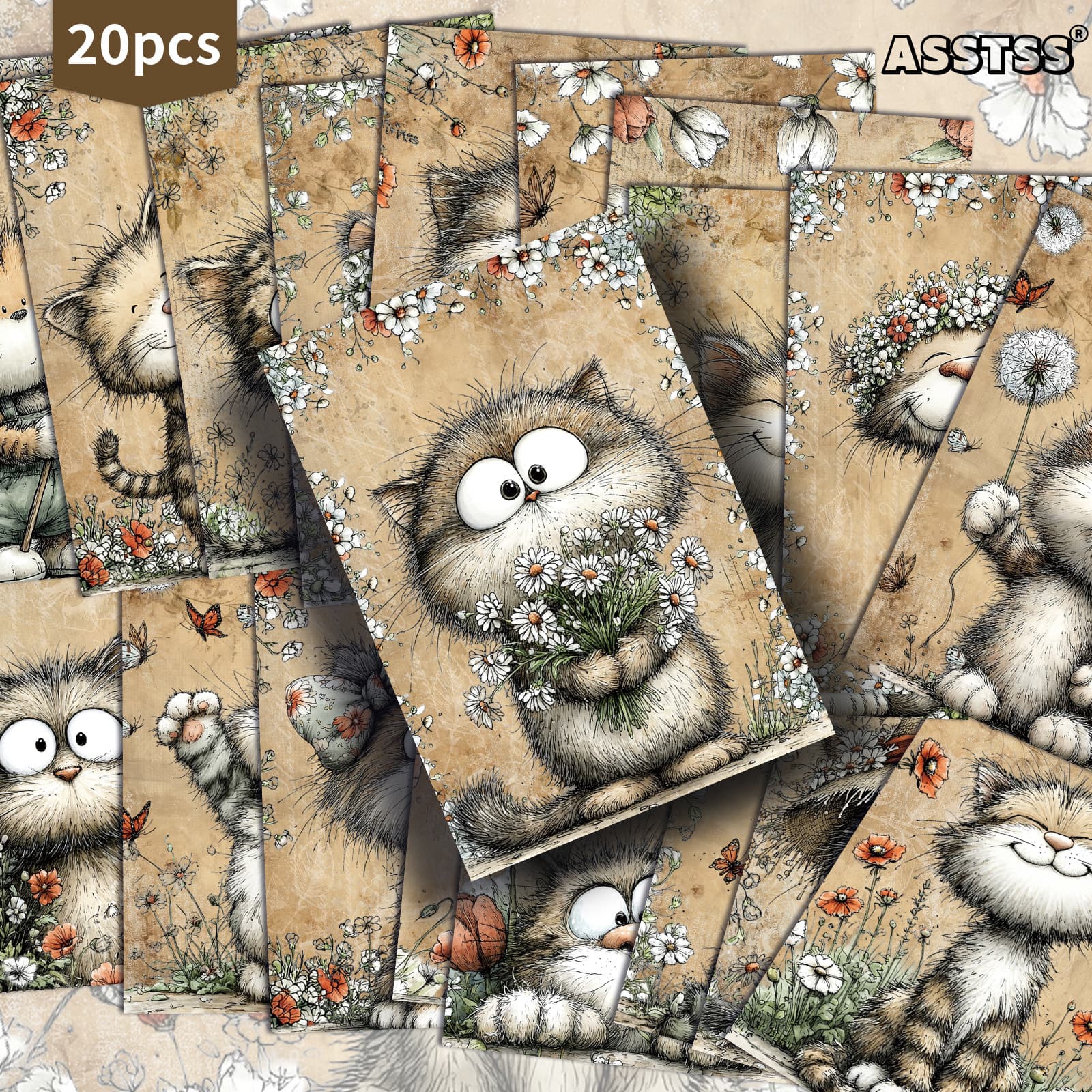 TEMU 20-pack Asstss Vintage Spring Kittens And Flowers Postcards - 4x6 Inches Retro Junk Journal Supplies, Classic Pinup Illustrations Collectible Decorative Painting Cards For Scrapbooking & Crafting