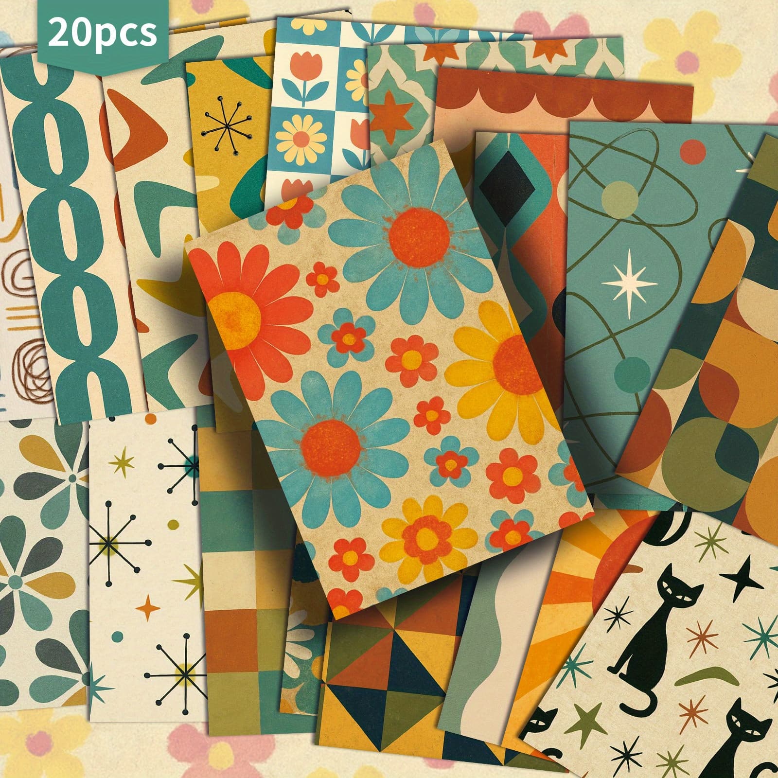 TEMU 20-pack Vintage 1950s Geometric And Floral Postcards - 4x6 Inches Retro Junk Journal Paper, Classic Pinup Illustrations, Collectible Decorative Painting Cards For Scrapbooking