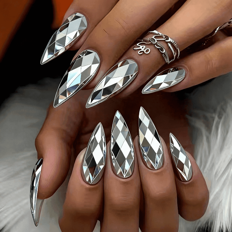 TEMU 48pcs Of Medium Stiletto-shaped Press-on Nails - Silvery Diamond Cut Pattern, Includes A Nail File And Jelly Glue