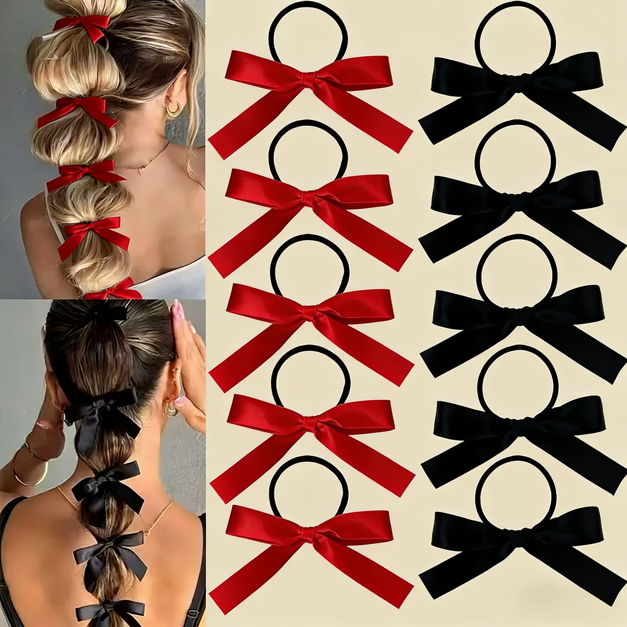TEMU 10pcs Women's Red& Black Bow Hair Ties- Vintage Minimalist Elegant Hair Elastics With Bowknot, Suitable For Christmas, Valentine's Day, Ballet, Wedding, Party, Daily Wear Hair Additions