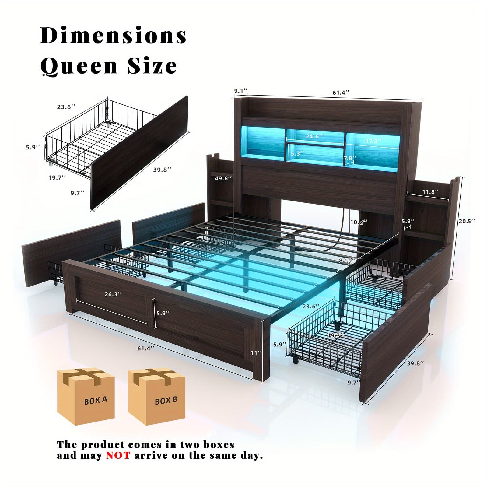 TEMU Storage Bed Frame With 4 Drawers, Led Platform Bed Featuring 49" Bookshelf Headboard, Usb Charging Ports & Sliding Nightstands, Spring Required
