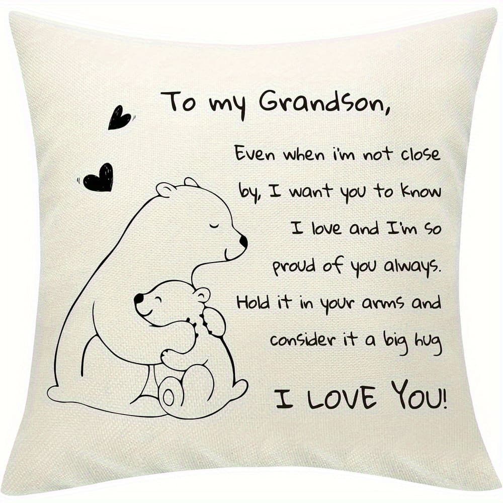 TEMU Grandson Gifts Decorative Polyester Cushion Cover From , Funny Embrace Bear Throw Pillow Cover Pillowcase 18x18 Inch, I Love You - Reminder Gift For Men Teens Boys