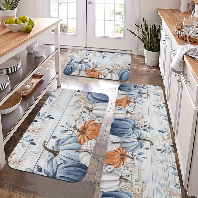 TEMU Set Of 2/3 Kitchen Mats Featuring Of Autumn Blue And White Pumpkins, Made From Suitable Materials For Use In The Bedroom, Living Room, Dining Area, Bathroom, And Entrance