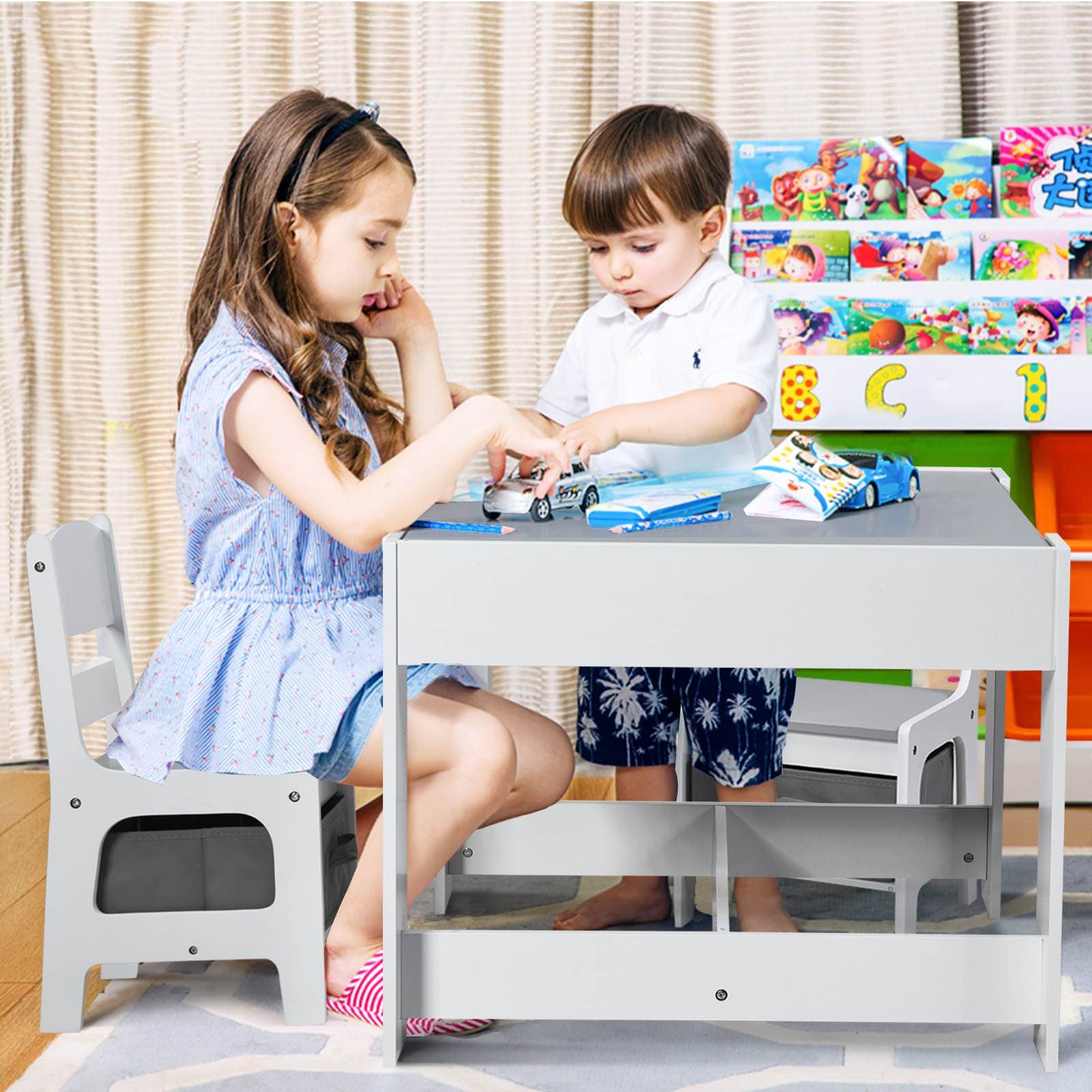 TEMU Costway 3pcs Table And Chairs Set W/ Storage Box Toy Play Desk Furniture Grey Removable Tabletop Study Drawing Gift