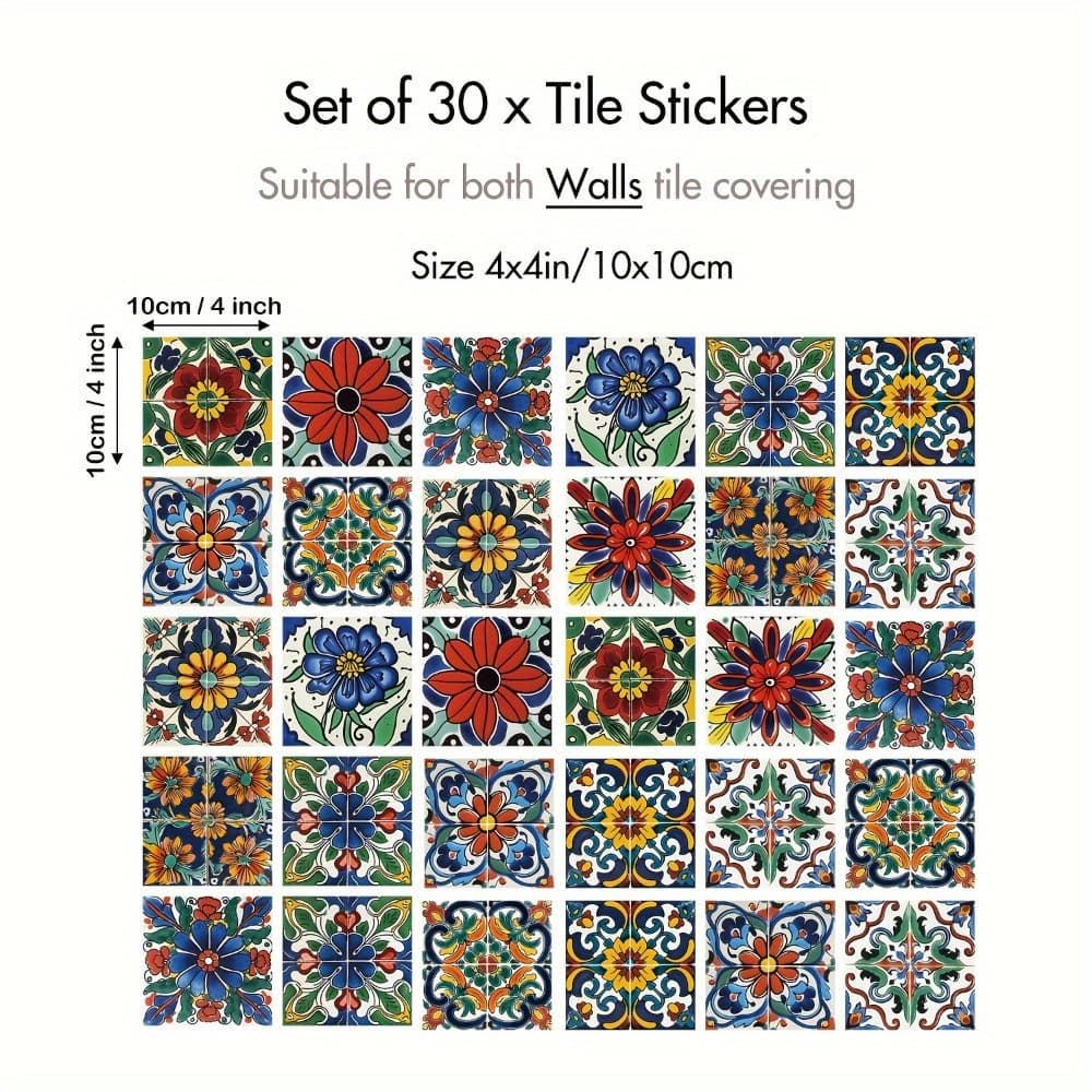 TEMU 30pcs Bohemian Style Self - Adhesive Wall Tiles. Peel And Stick. Waterproof Wall Stickers For Living Room, Kitchen And Bedroom. Vinyl Wall Decals. Home Wall Decoration, 4x4 Inches