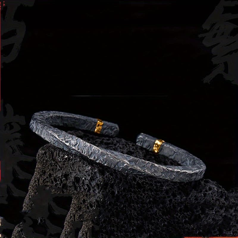TEMU Men's Vintage Black And Golden Bracelet - Adjustable Open Cuff Bangle With Textured , Stylish Gothic Accessory For Casual Attire, Couples Bracelets