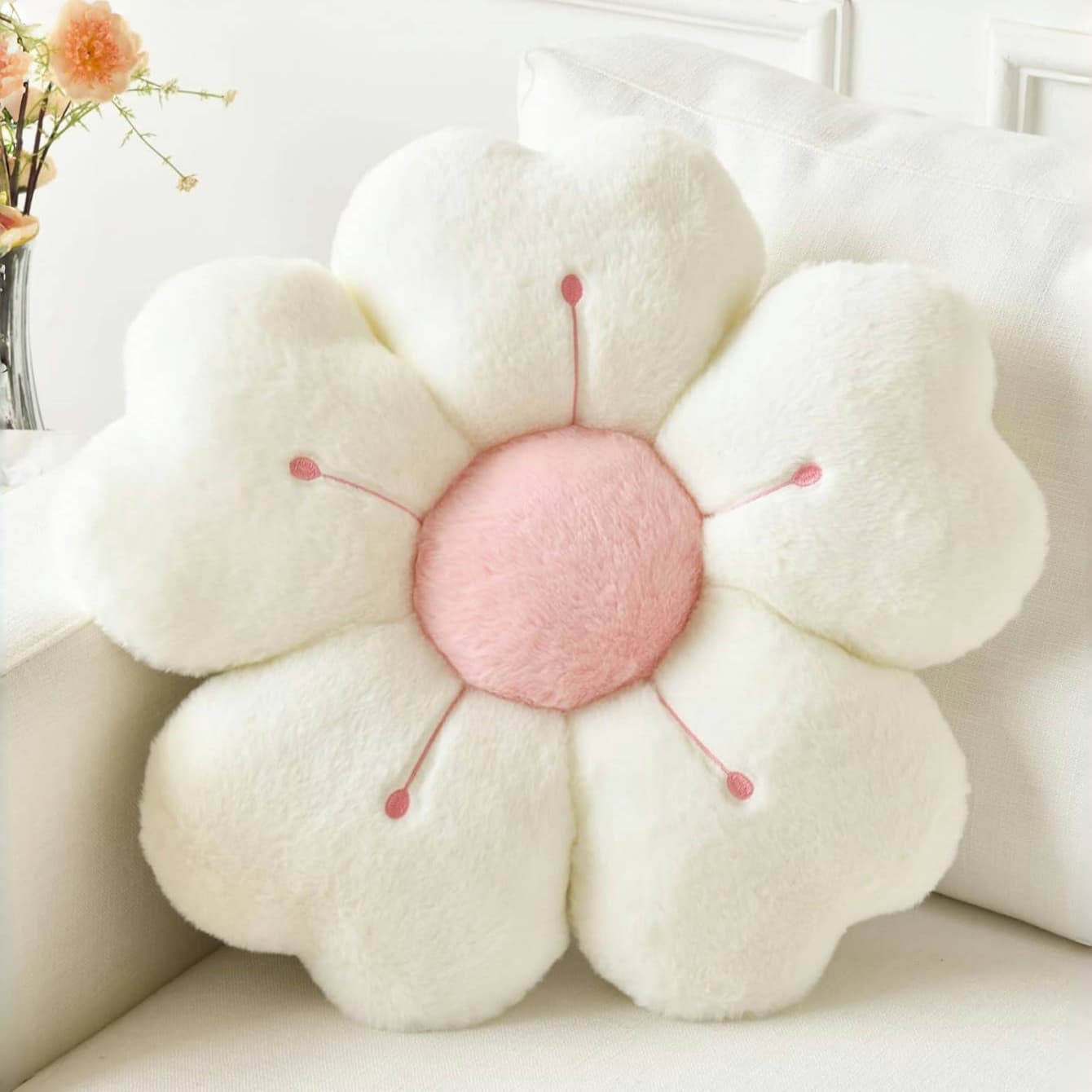 TEMU Everyday | Soft Daisy Plush Pillow-comfortable White Powder Floral Decorative Cushion, For Bed Sofa, Dormitory Decoration, Decorative Pillow