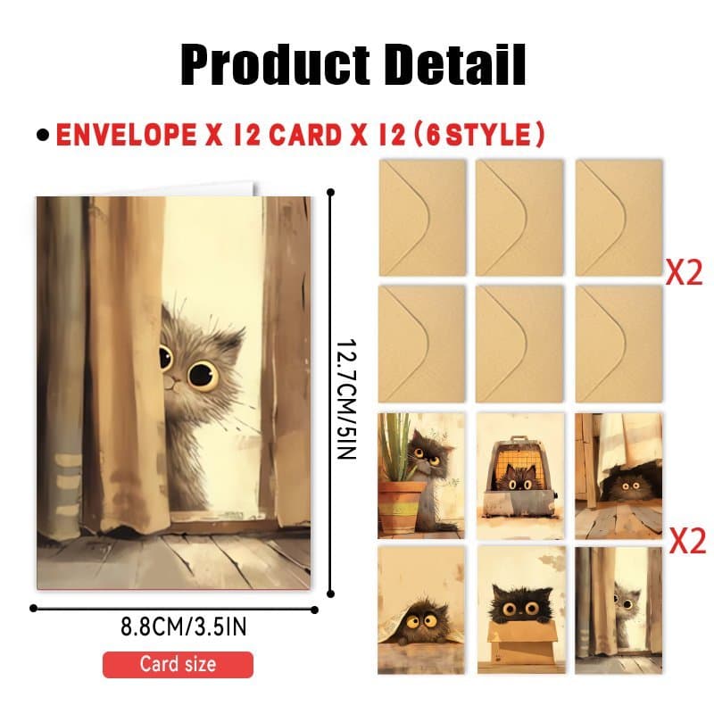 TEMU 24pcs(12 Envelopes+12 Cards) Funny Cute Cartoon Kitten 2025 Happy New Year Blank Greeting Cards To Family Friend Brother Sister Christmas Birthday Cards Gifts